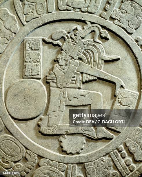 Detail of the disc of Chinkultic, showing a center with a depiction of a player of pelota. Artifact dated 590 originated from Chinkultic . Mayan...