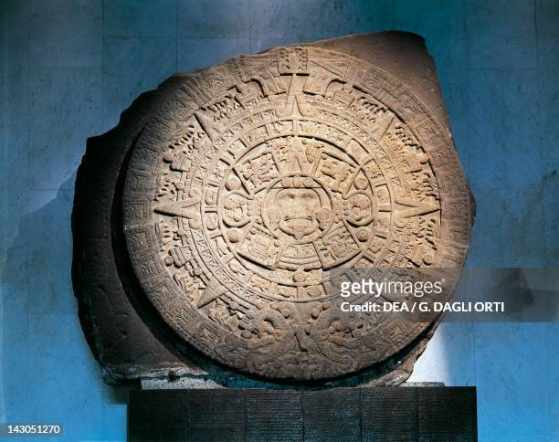 Aztec Calendar, known as Stone of the Sun. Artifact originating from Tenochtitlan . Aztec Civilization, Kingdom of Montezuma, 16th Century. Mexico...