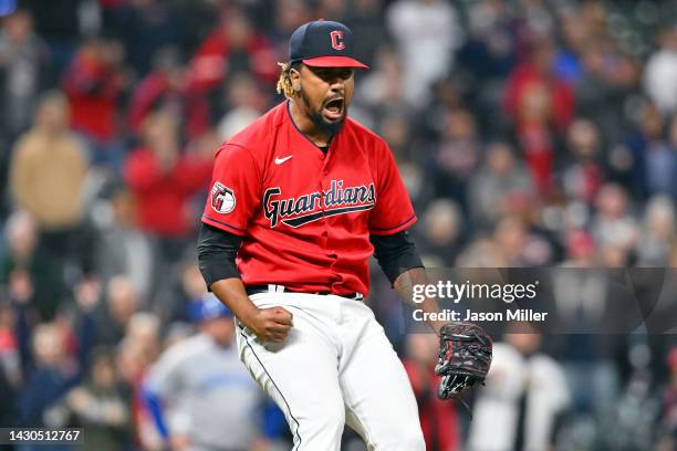 Closing pitcher Emmanuel Clase of the Cleveland Guardians celebrates after the last out against the Kansas City Royals at Progressive Field on...