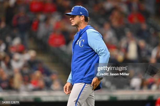 Manager Mike Matheny of the Kansas City Royals reacts after a pitching change during the fifth inning against the Cleveland Guardians at Progressive...