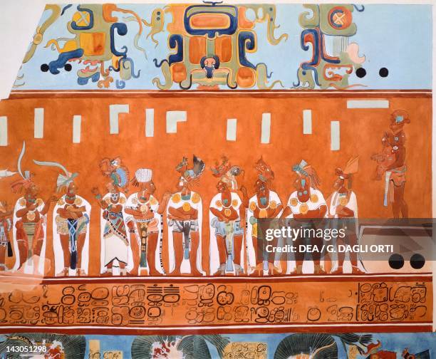 Frescoes in Bonampak, Chiapas . Detail showing a scene of a feast. Mayan Civilization, 9th Century. Guatemala City, Museo Nacional De Arqueología E...