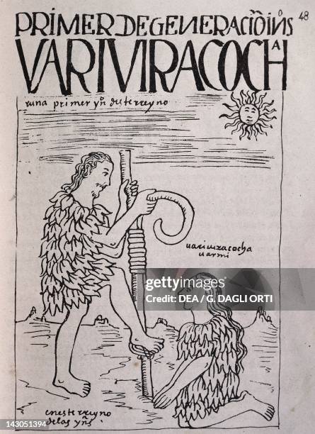 Viracocha creating a man and a woman on Lake Titicaca to civilize men: the fountain of Cuzco, Peru, engraving from New Chronicle and Good Government...