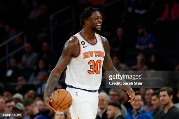 Julius Randle of the New York Knicks reacts during the second half against the Detroit Pistons at Madison Square Garden on October 04, 2022 in New...