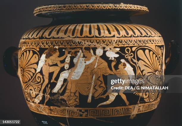 Stamnos , detail showing Dionysus and Ariadne. Red-figure pottery from Porano . Etruscan Civilisation, 4th Century BC. Orvieto, Museo Claudio Faina