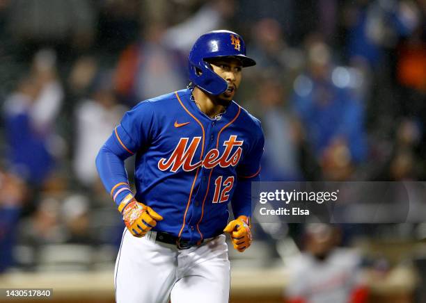 Francisco Lindor of the New York Mets celebrates his solo home run in the first inning against the Washington Nationals during game two of a double...