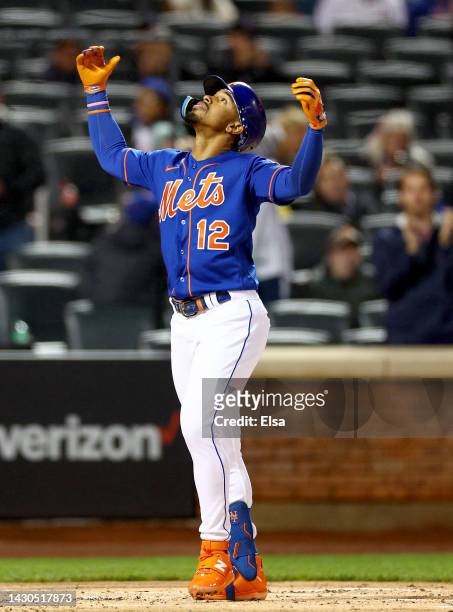 Francisco Lindor of the New York Mets celebrates his solo home run in the first inning against the Washington Nationals during game two of a double...