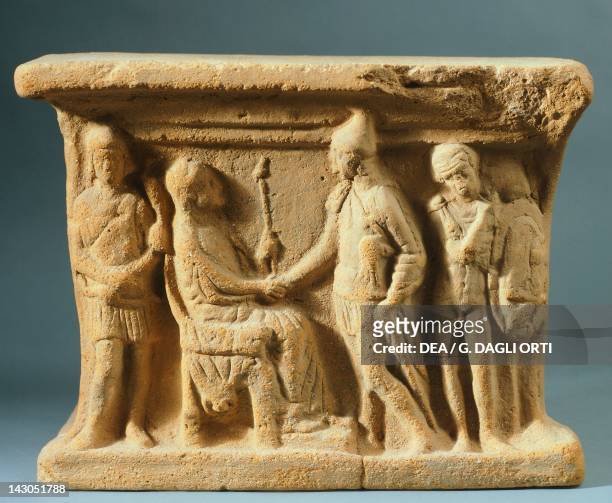 Funeral altar depicting a farewell scene, clay sculpture from Medma, near Rosarno, Calabria, Italy. Ancient Greek civilization, Magna Graecia. Reggio...