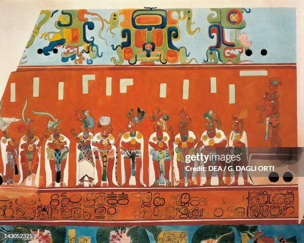 Reconstruction of Frescos from Structure 1 in Bonampak . Detail of a scene with clergy and chiefs. Mayan Civilization, 9th Century. Guatemala City,...