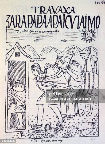 Incas working in the fields during the month of July. Engraving from New Chronicle and Good Government by Felipe Guaman Poma de Ayala , 1587...