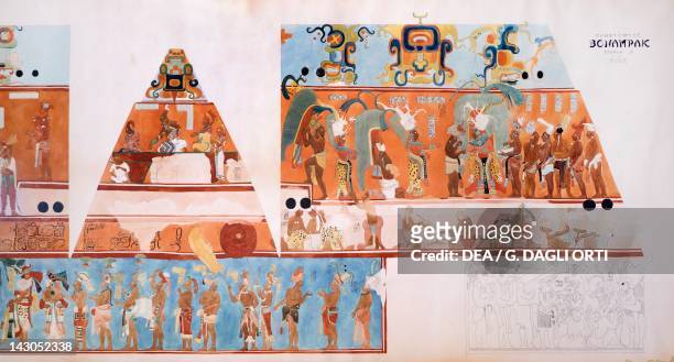Reconstruction of frescos in Bonampak . Mayan Civilization, 9th Century. Guatemala City, Museo Nacional De Arqueología E Historia