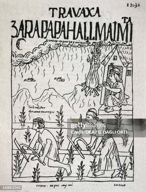 Inca people working during the month of January, engraving from New Chronicle and Good Government by Felipe Guaman Poma de Ayala , 1587 manuscript.