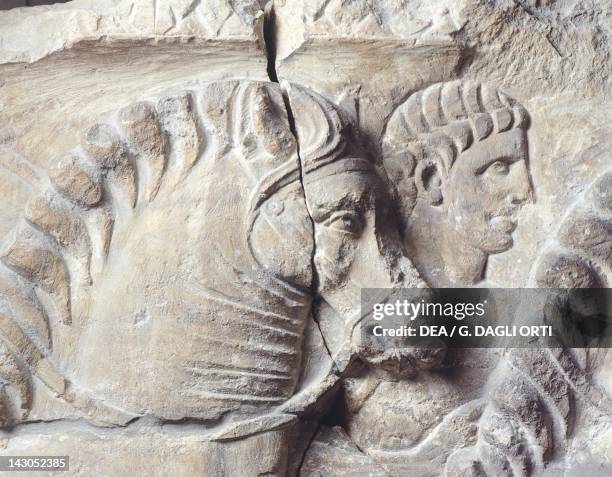 Relief depicting a groom between two horses. Roman Civilization. Nimega, Rijksmuseum Gm Kam