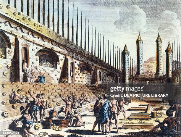 The Tzompantli, the Cemetery of the Sacrifices of the Great Teocalli, near the Tempio Mayor in Tenochtitlan, Mexico. Engraving by Jacob van der...