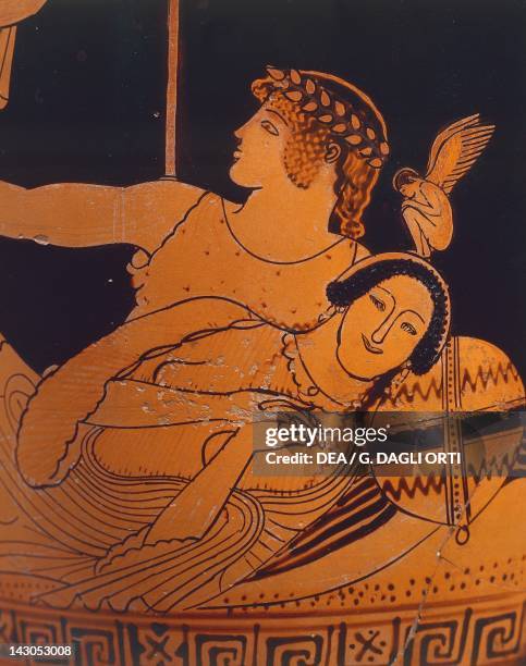 Lekythos depicting Theseus and Ariadne being woken up by Athena, 460 BC red-figure pottery, Italy. Ancient Greek civilization, Magna Graecia, 5th...