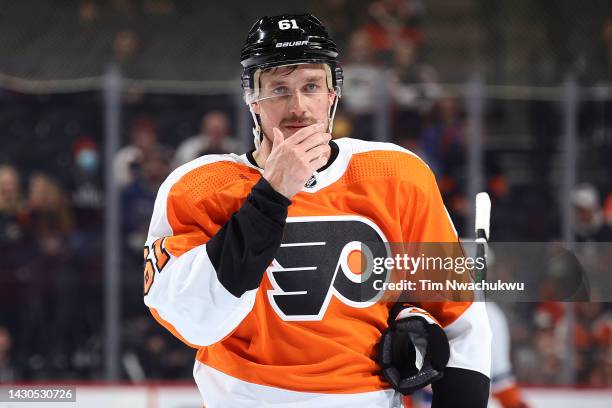 Justin Braun of the Philadelphia Flyers looks on during the third period against the New York Islanders at Wells Fargo Center on October 04, 2022 in...