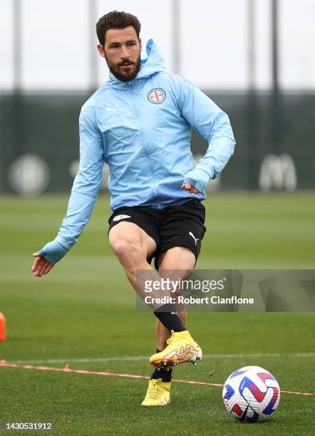 Mathew Leckie of Melbourne City controls the ball during a Melbourne City A-League Mens training session at Melbourne City HQ on October 05, 2022 in...
