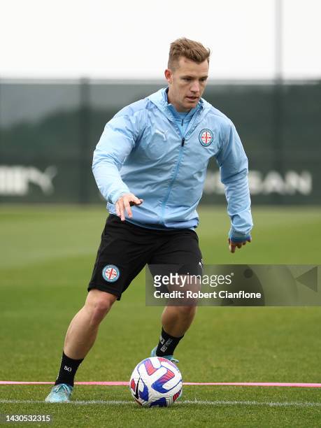 Scott Galloway of Melbourne City runs with the ball during a Melbourne City A-League Mens training session at Melbourne City HQ on October 05, 2022...