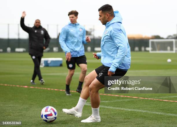 Andrew Nabbout of Melbourne City controls the ball during a Melbourne City A-League Mens training session at Melbourne City HQ on October 05, 2022 in...