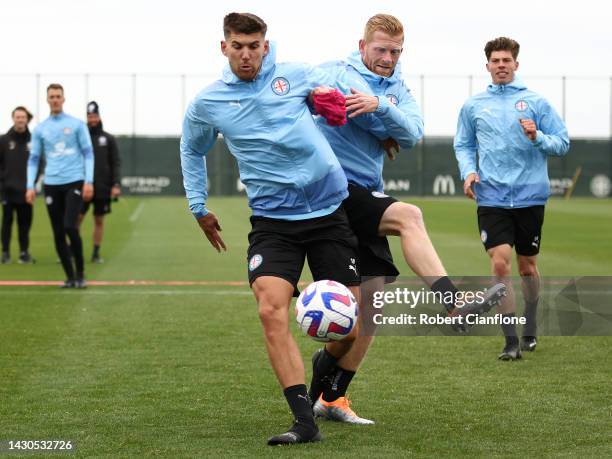 Jordan Hall and Richard van der Venne of Melbourne City compete for the ball during a Melbourne City A-League Mens training session at Melbourne City...