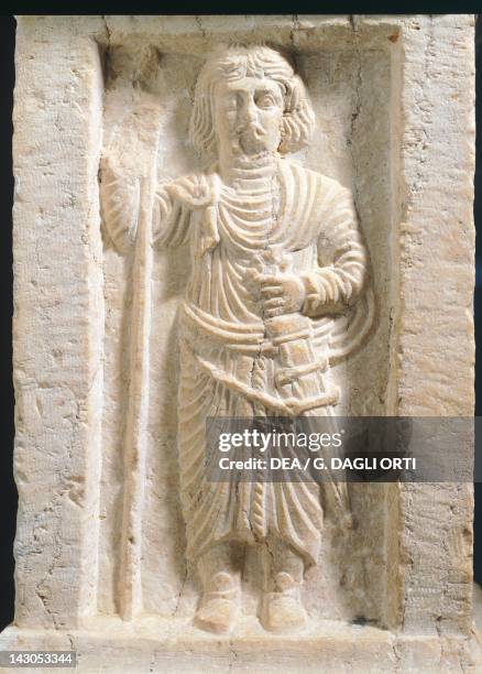 Marble altar depicting the God Sharo, protector of caravans, from the Temple of Baal-Shaim in Palmyra, Syria. Roman Civilisation, 2nd Century....