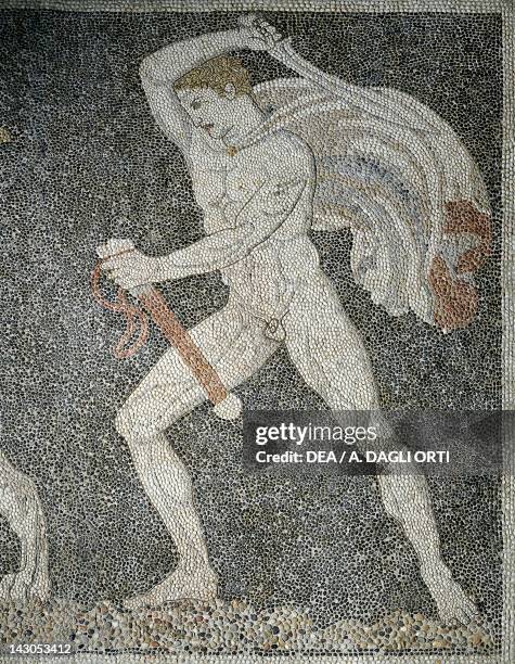 Alexander the Great and Hephaestion during a lion hunt, ca 320 BC, mosaic from the peristyle house 1 , Room C, Pella, Greece. Detail showing...