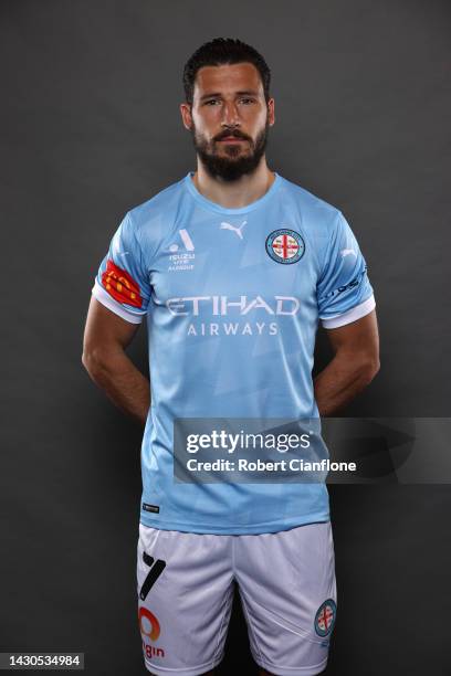 Mathew Leckie of Melbourne City poses during the Melbourne City A-League Men's headshots session on October 5, 2022 in Melbourne, Australia.