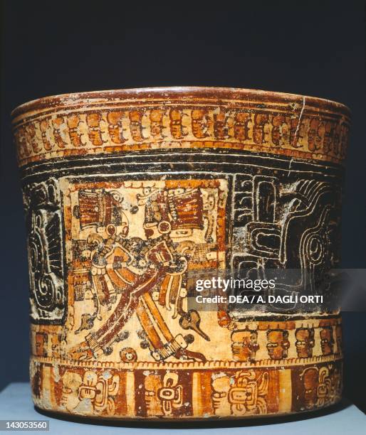 Ulua polychrome vase, red group, Contador type in patterned, painted terracotta, with carved and engraved decoration. Artefact from the Rio Ulua...