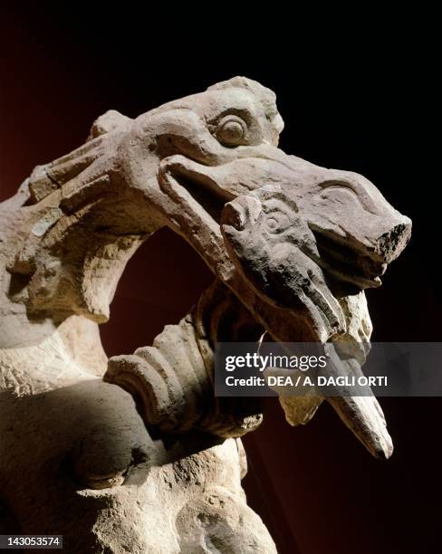 Detail of a face of an aquatic bird in volcanic tuff, facade ornament. Artifact originating from Structure 26 from Copan . Mayan Civilization, recent...