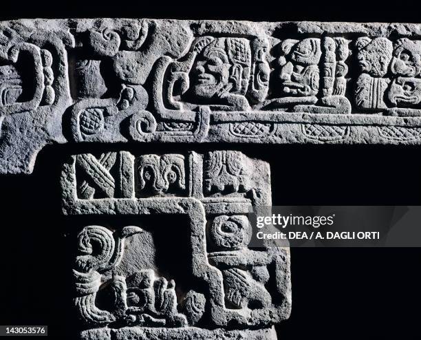 Hieroglyphic bench, in volcanic tuff, originating from Copan . Detail decorations. Mayan Civilization, 750. Tegucigalpa, Galeria Nacional De Arte