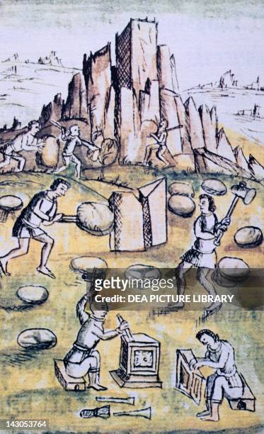 Artwork depicting a quarry and stone-cutters, from a copy of the Code of Florence General History of the Things of New Spain by Fra Bernardino de...