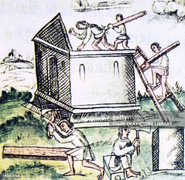 Artwork depicting masons and carpenters building a house, from a copy of the Code of Florence General History of the Things of New Spain by...