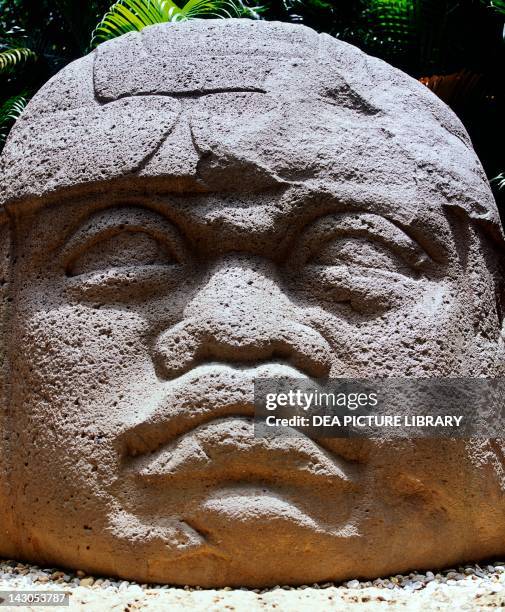 Colossal stone head of a warrior, Villahermosa, Mexico. Olmec Civilization, 1100-475 BC. Villahermosa, Parque-Museo La Venta