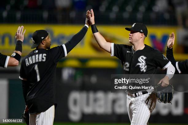 Elvis Andrus and Gavin Sheets of the Chicago White Sox celebrate after the 8-3 win against the Minnesota Twins at Guaranteed Rate Field on October...