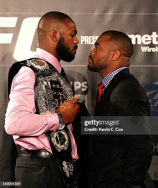 Jon Jones and Rashad Evans square off during the press conference for their UFC 145 between Jones v Evans at Park Tavern on April 18, 2012 in...