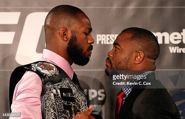 Jon Jones and Rashad Evans square off during the press conference for their UFC 145 between Jones v Evans at Park Tavern on April 18, 2012 in...