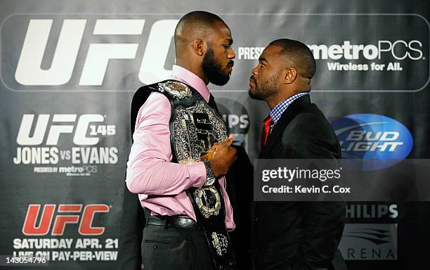 Jon Jones and Rashad Evans square off during the press conference for their UFC 145 bout at Park Tavern on April 18, 2012 in Atlanta, Georgia.