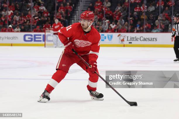 Filip Zadina of the Detroit Red Wings skates against the Washington Capitals at Little Caesars Arena on September 30, 2022 in Detroit, Michigan.