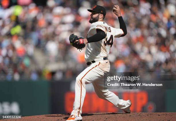 Jakob Junis of the San Francisco Giants pitches against the Arizona Diamondbacks in the top of the six inning at Oracle Park on October 01, 2022 in...