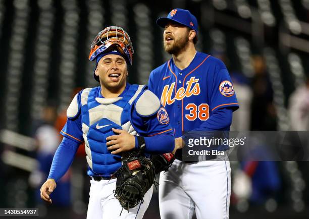 Francisco Alvarez and Tylor Megill of the New York Mets celebrate the win over the Washington Nationals during game two of a double header at Citi...