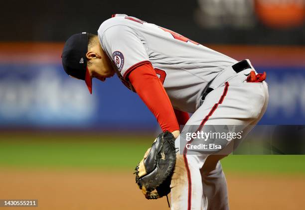 Joey Meneses of the Washington Nationals reacts in the seventh inning against the New York Mets during game two of a double header at Citi Field on...