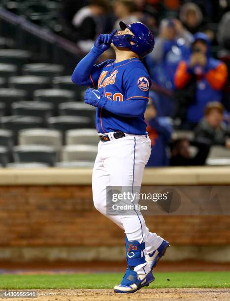 Francisco Alvarez of the New York Mets celebrates his solo home run in the sixth inning against the Washington Nationals during game two of a double...