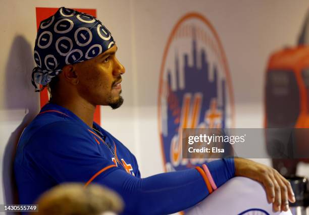 Francisco Lindor of the New York Mets reacts after the Atlanta Braves clinched the division and the New York Mets are now the Wild Card team as he...