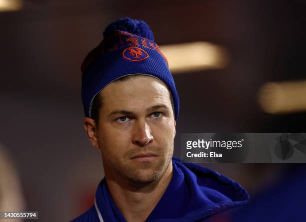 Jacob deGrom of the New York Mets walks in the dugout during game two of a double header against the Washington Nationals at Citi Field on October...