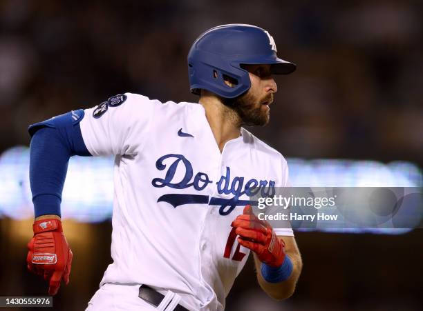 Joey Gallo of the Los Angeles Dodgers runs to first after his solo homerun, to tie the game 2-2 with the Colorado Rockies, during the fifth inning at...