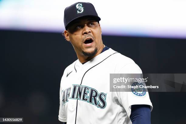 Justus Sheffield of the Seattle Mariners reacts after giving up a grand slam in the fifth inning against the Detroit Tigers at T-Mobile Park on...