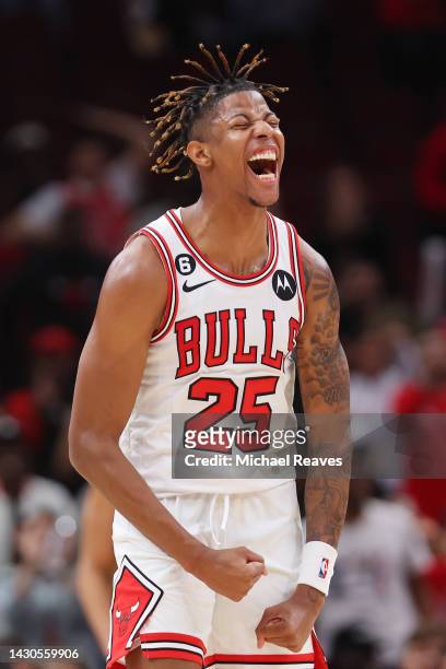 Dalen Terry of the Chicago Bulls celebrates a basket against the New Orleans Pelicans during the second half of a preseason game at the United Center...