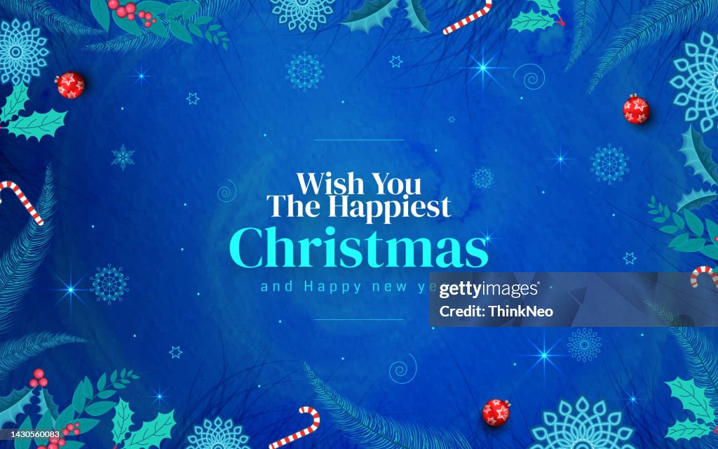 Minimal Christmas Background. Festive design of sparkling lights blue garland, realistic balls baubles