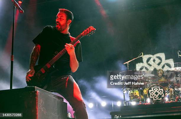 Singer/guitarist Benjamin Burnley and drummer Shaun Foist of Breaking Benjamin performs at PNC Music Pavilion on October 04, 2022 in Charlotte, North...