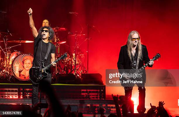 Singer/guitarist William DuVall and guitarist Jerry Cantrell of Alice in Chains perform at PNC Music Pavilion on October 04, 2022 in Charlotte, North...