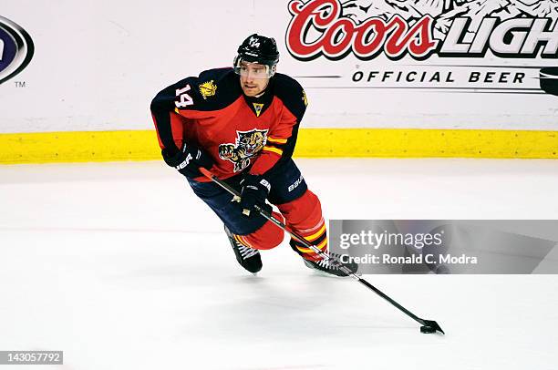 Tomas Fleischmann of the Florida Panthers skates with the puck against the New Jersey Devils during Game Two of the Eastern Conference Quarterfinals...